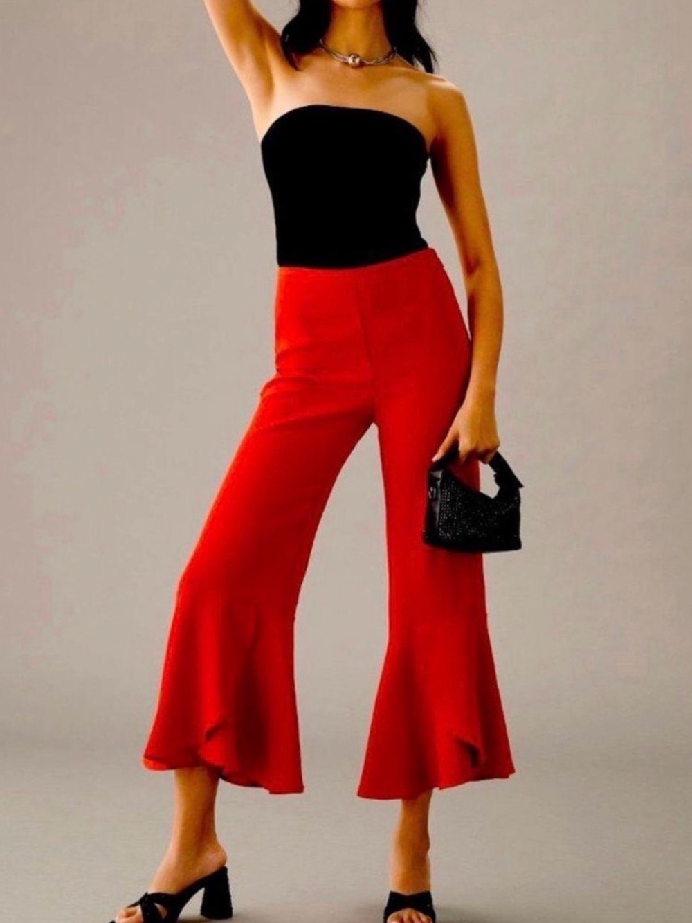 MAEVE “LATE NIGHT FRILLS” high rise flare pants by Anthropologie RED size 0 EUC